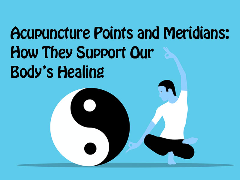 yoga pose next to a yin and yang symbol to illustrate acupuncture points and meridian energy