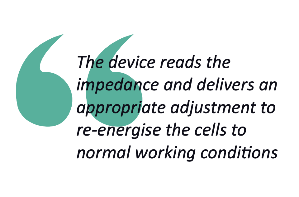 pull quote from the text about the device reading and responding to impedance in injured cells